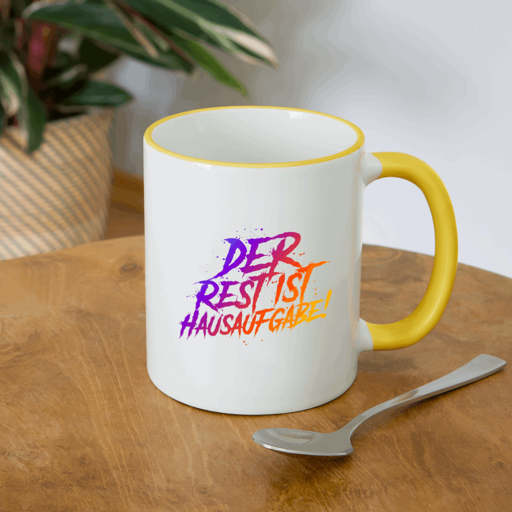 Der Rest ist Hausaufgabe - Tasse zweifarbig - Weiß/Gelb