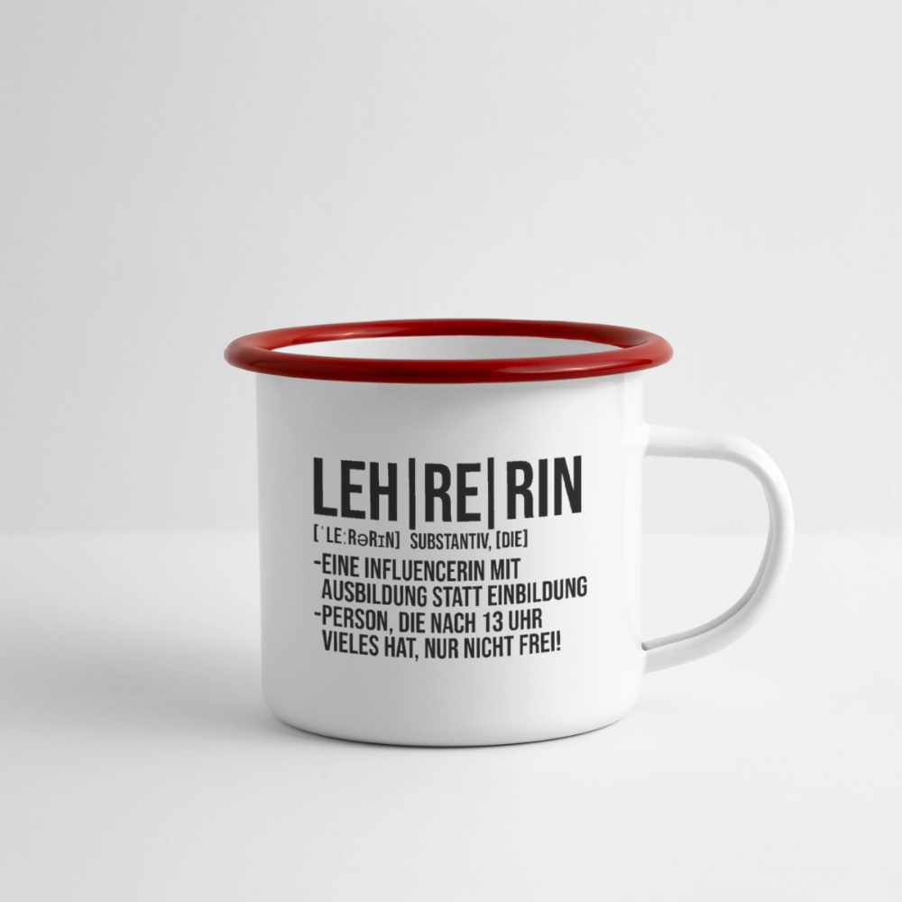 Leh-Re-Rin - Emaille-Tasse - Weiß/Rot