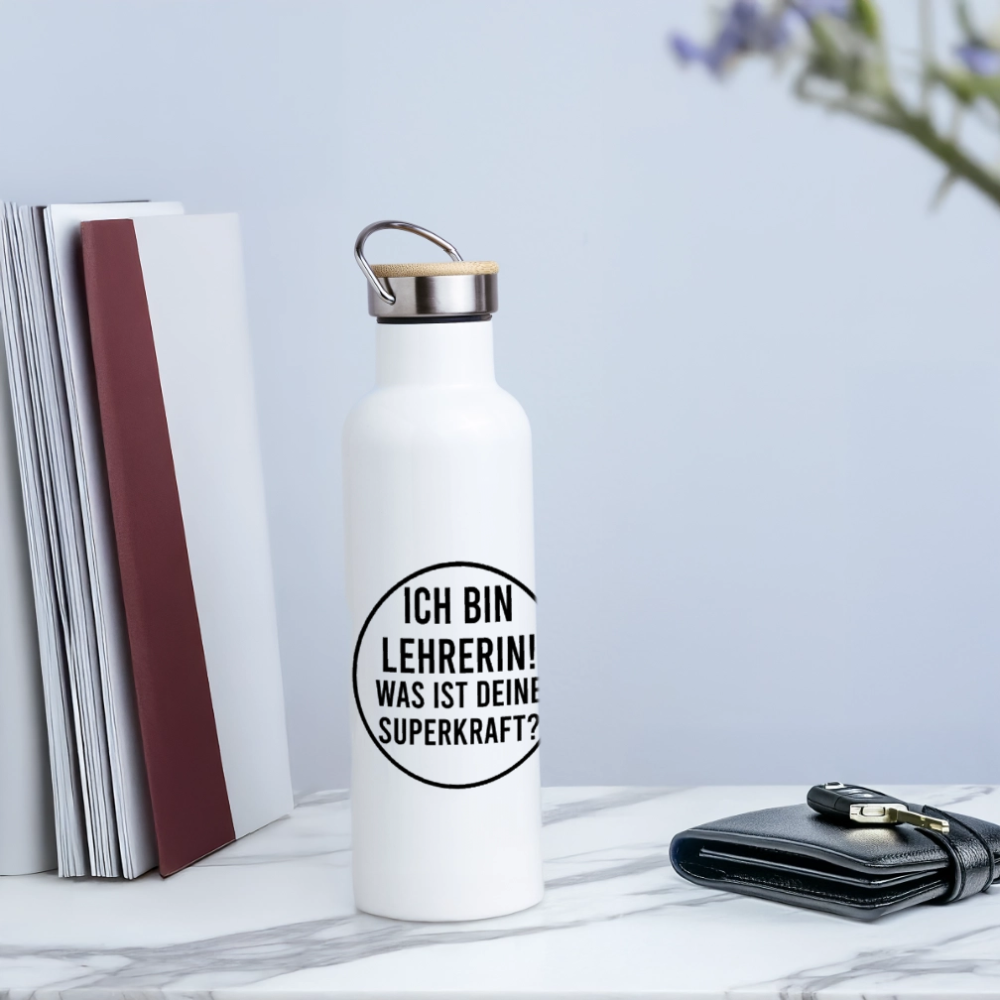 Lehrerin Superkraft - Thermosflasche mit Bambusdecke - Weiß