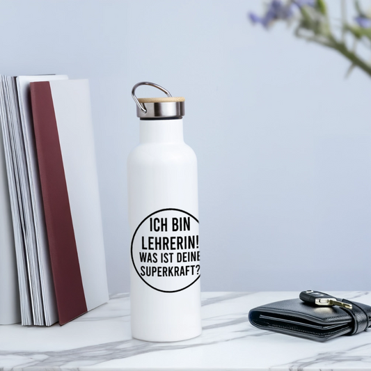 Lehrerin Superkraft - Thermosflasche mit Bambusdecke - Weiß